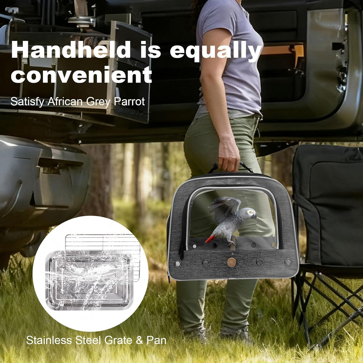 Bird Travel Carrier Cage for Large Size Parrot, Portable Bag with Metal Tray and Grate to Carry and Transport Medium to African Grey, Long Tail Cockatiel and Parrot, Feather Grey