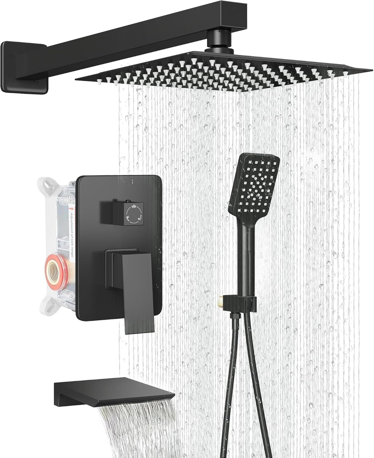 LCEVCGK Shower Faucet Set Complete Matte Black Shower System with 8 inch Square Rainfall Shower Head 3-Function Handheld Shower Waterfall Bathtub Spout Rain Shower Combo Set Bathroom Wall Mounted - PuriLite