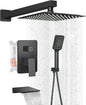 LCEVCGK Shower Faucet Set Complete Matte Black Shower System with 8 inch Square Rainfall Shower Head 3-Function Handheld Shower Waterfall Bathtub Spout Rain Shower Combo Set Bathroom Wall Mounted - PuriLite