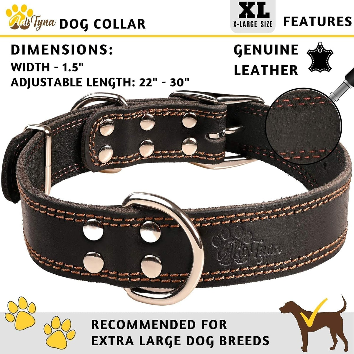 ADITYNA Heavy-Duty Leather Dog Collar for Medium Dogs - Soft and Strong, 100% Genuine Leather - Collier Pour Chien (Medium: Fit 13" - 20" Neck, Brown) - PuriLite