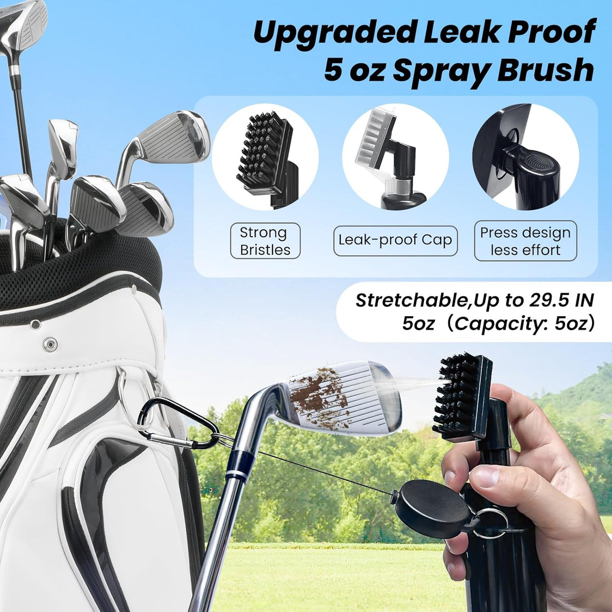 BAPOTH Golf Club Cleaner, Non-Leaking Stretchable Golf Brush with Golf Towel (60 * 40cm), Strong Bristles Brush Can Hold 5 oz Water, Essentials Golf Accessories Gifts for Men Women - PuriLite