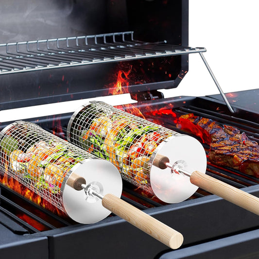 Rolling Grill Basket, Removable Wooden Handle, 304 Stainless Steel, Nesting Grilling Tools, Smoker BBQ Accessories for Vegetable, Outdoor Cooking Camping, Birthday Gifts for Men Dad Husband - PuriLite