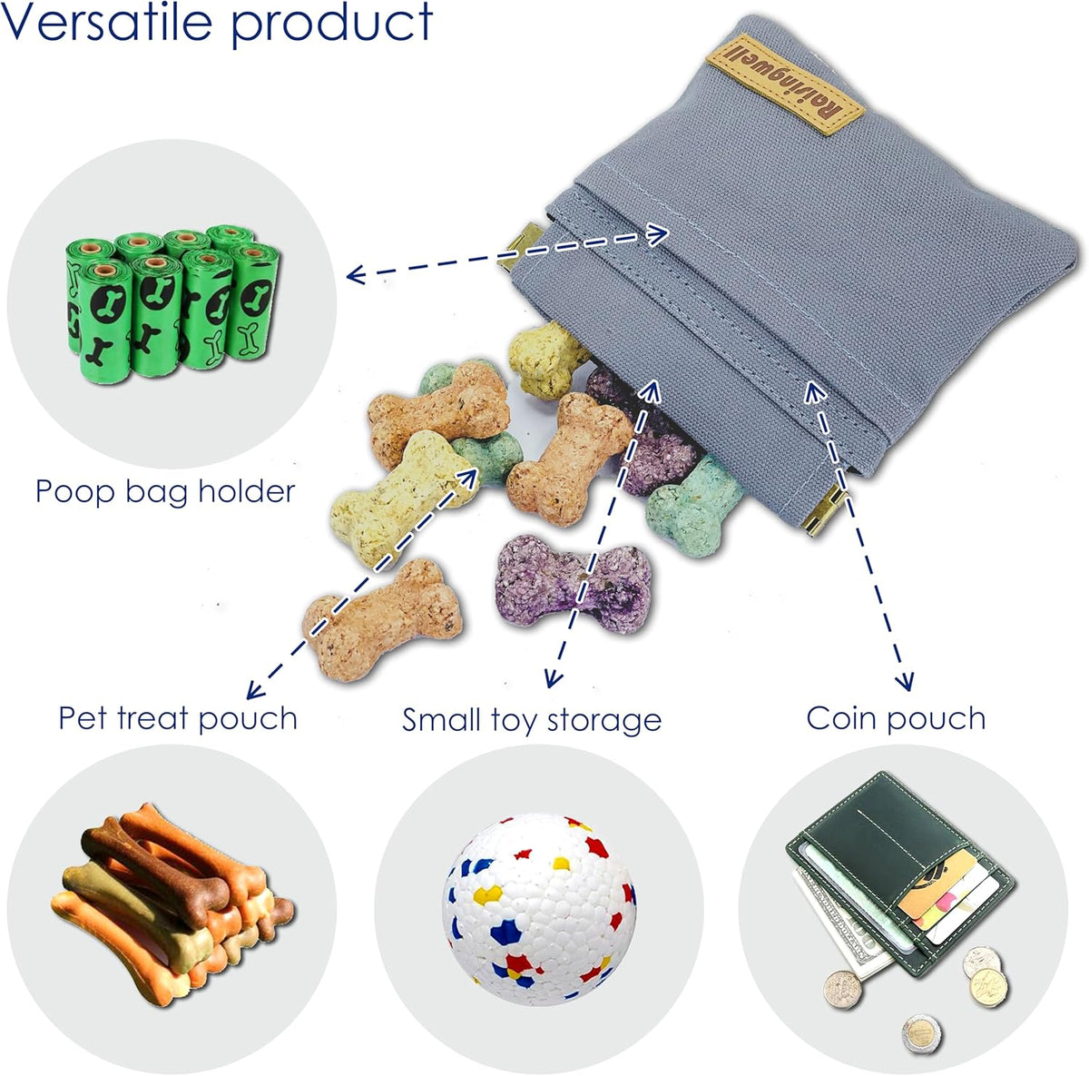 Raisingwell Dog Treat Pouch, Black Pocket Sized Pet Training Pouch, Cotton Fabric, Hand Free Dog Walking Bag with Carabiner, Self-Closing Pet Feed Snack Reward, for Pet Puppy Travel or Outdoor Use - PuriLite