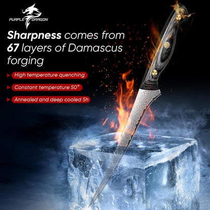 Purple Dragon Damascus Fish Fillet Knife - 7 inch Flexible Boning Knife with VG10 Core, Kitchen Slicing Knife with Full Tang Handle, Birthday Dad Mom Gift - PuriLite