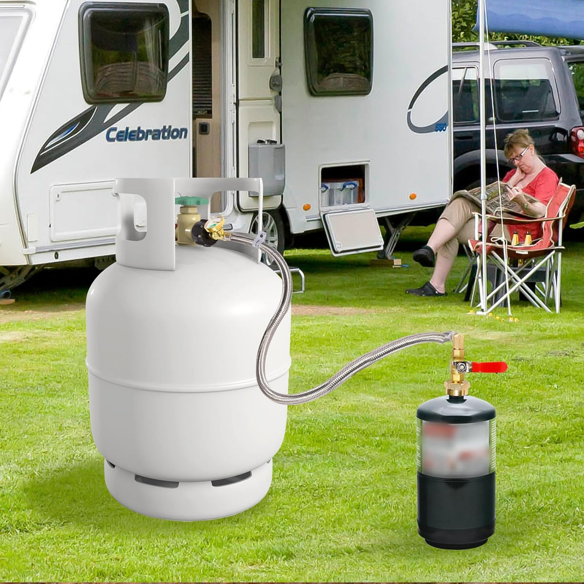 Propane Refill Adapter 20lb to 1lb Camping - 3FT/36inch Stainless Steel Hose with Gauge and ON-Off Control Valve - Fits QCC1 / Type1 Tank, 2 Caps Included - PuriLite