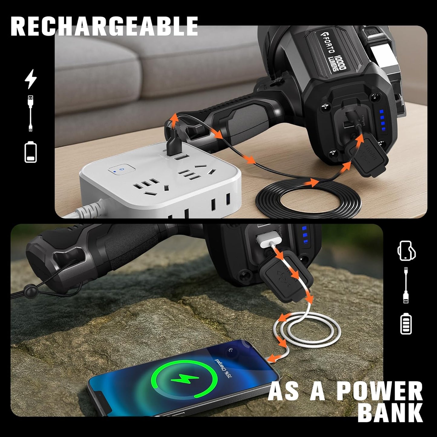 FORTO Rechargeable Spotlight 5000LM, IPX7 Waterproof Flashlight with 5200mAh Long-Lasting Battery, 7 Modes Handheld Light with EVA Case, for Boat, Hunting, Emergency, Outdoor Use - PuriLite