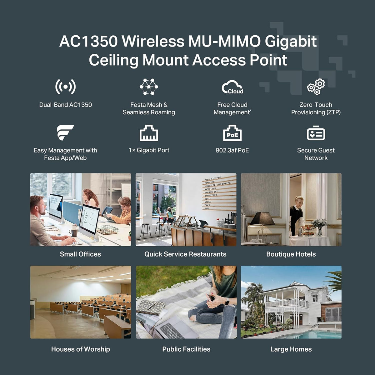 TP-Link Omada AC1750 Gigabit Wireless Access Point (EAP245 V3) - Business WiFi Solution w/Mesh Support, Seamless Roaming & MU-MIMO, PoE Powered, SDN Integrated, Cloud Access & Omada App, White - PuriLite