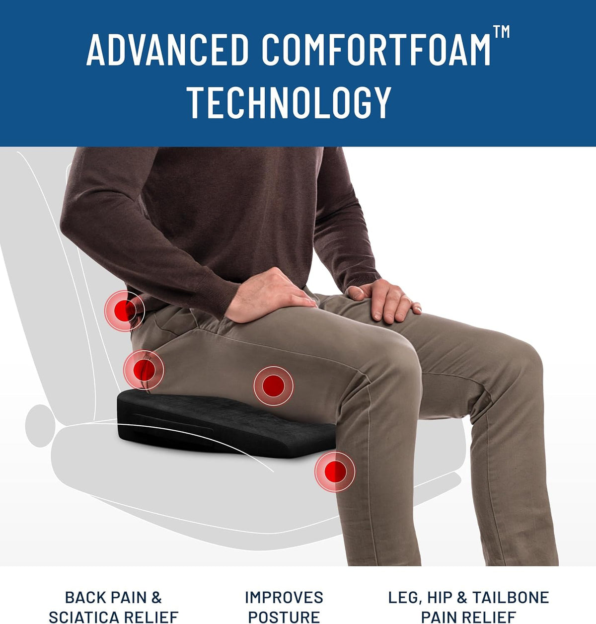 Everlasting Comfort Memory Foam Seat Cushion - Office Chair Cushion for Work, Travel, Car Support Pillow for Driving - Portable Seat for Chairs and Desks - Coussin Chaise - Black - PuriLite