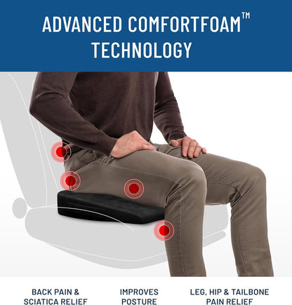 Everlasting Comfort Memory Foam Seat Cushion - Office Chair Cushion for Work, Travel, Car Support Pillow for Driving - Portable Seat for Chairs and Desks - Coussin Chaise - Black - PuriLite