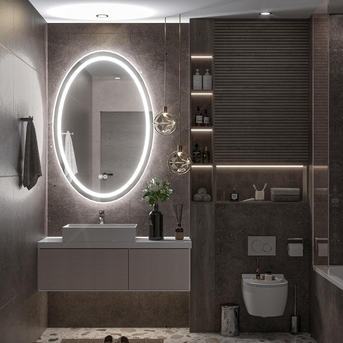 TETOTE 28 Inch Round LED Bathroom Vanity Mirror, Anti-Fog Dimmable Lights IP54 Waterproof Circle Makeup Wall Mounted Mirror - PuriLite