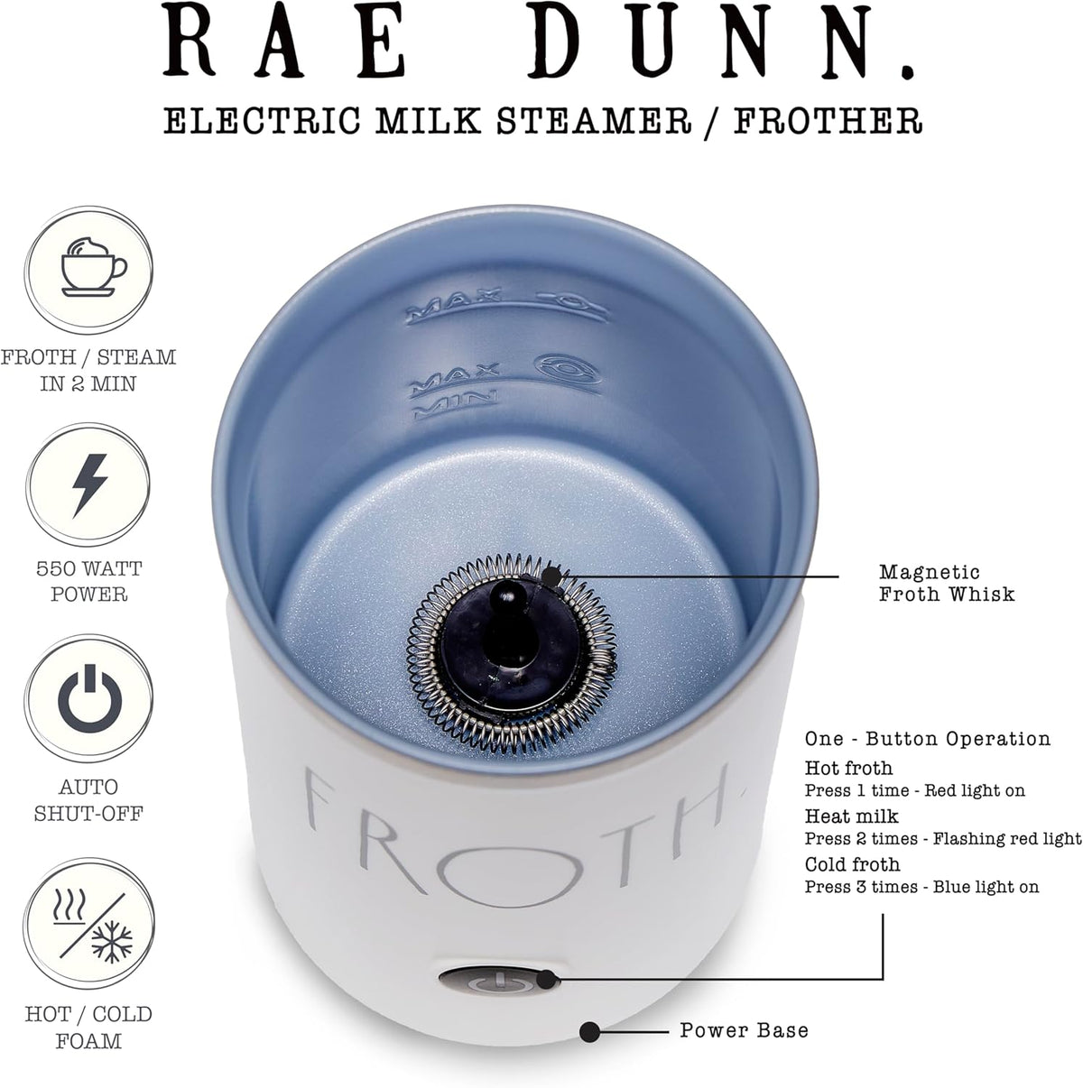 Rae Dunn - Electric Milk Frother - Elegant Automatic Milk Steamer and Frother, Milk Warmer, Hot and Cold Frothing Machine for Coffee, Latte, Cappuccino, Macchiato, - PuriLite