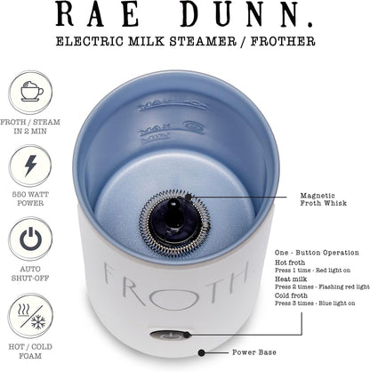 Rae Dunn - Electric Milk Frother - Elegant Automatic Milk Steamer and Frother, Milk Warmer, Hot and Cold Frothing Machine for Coffee, Latte, Cappuccino, Macchiato, - PuriLite