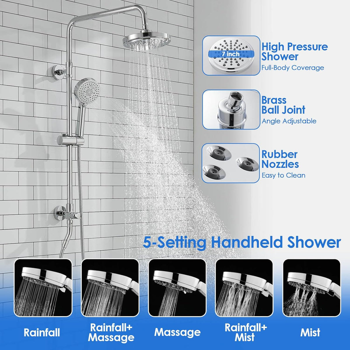 ROVOGO Retrofit Shower System with 7" RainShower, 5-Setting Handheld, 22" Slide Bar with 3-Way Rotary Diverter, Exposed Pipe Shower Column Kit 304 Stainless Steel, Chrome (NOT Include Mixer Valve) - PuriLite
