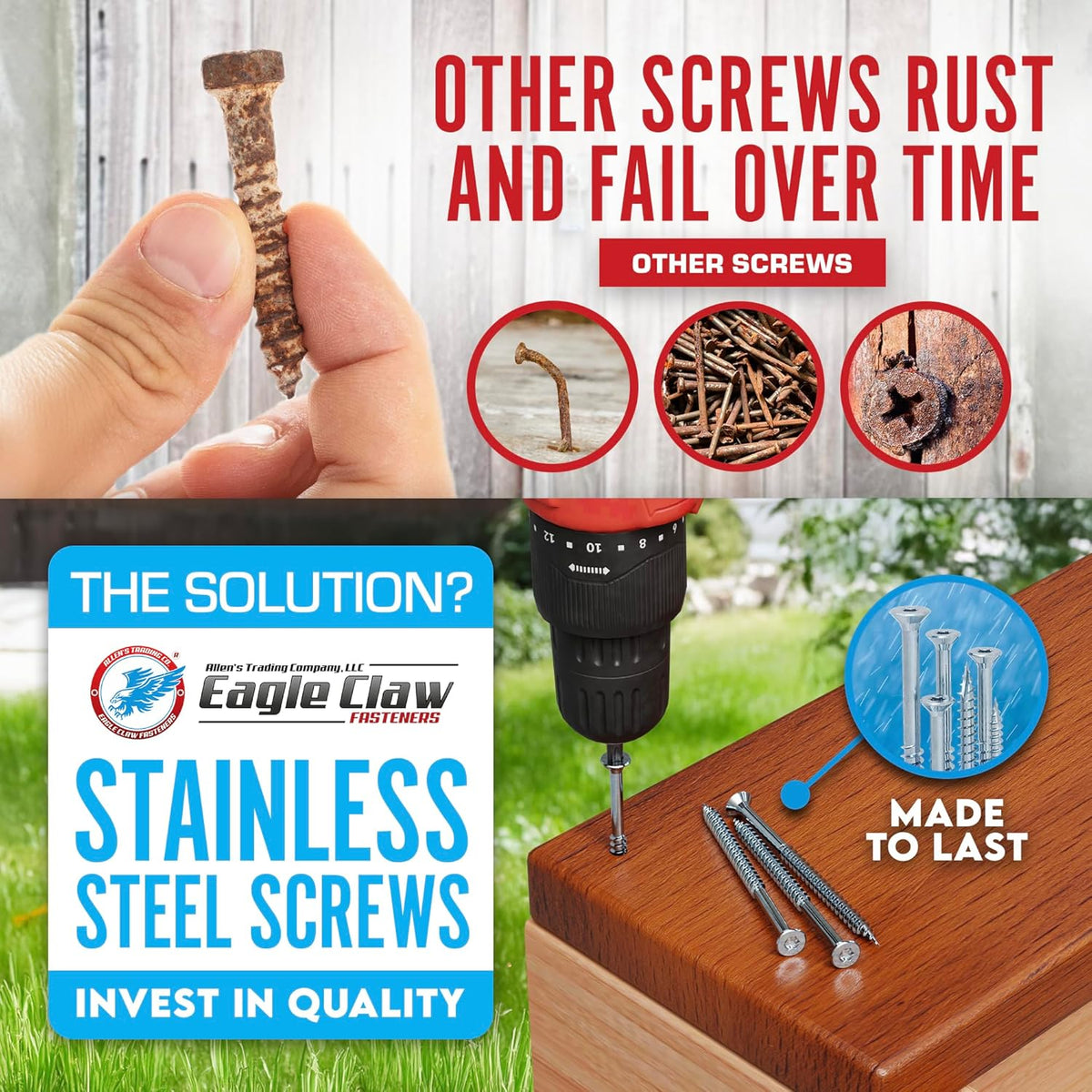 #10 x 3 Inch Stainless Steel Deck Screws 350 Pieces | T25 Star Torx Drive Flat Head | 304 Grade Stainless Steel Wood Screws High Corrosion Resistance by Allen's Trading Co. Eagle Claw Fasteners - PuriLite