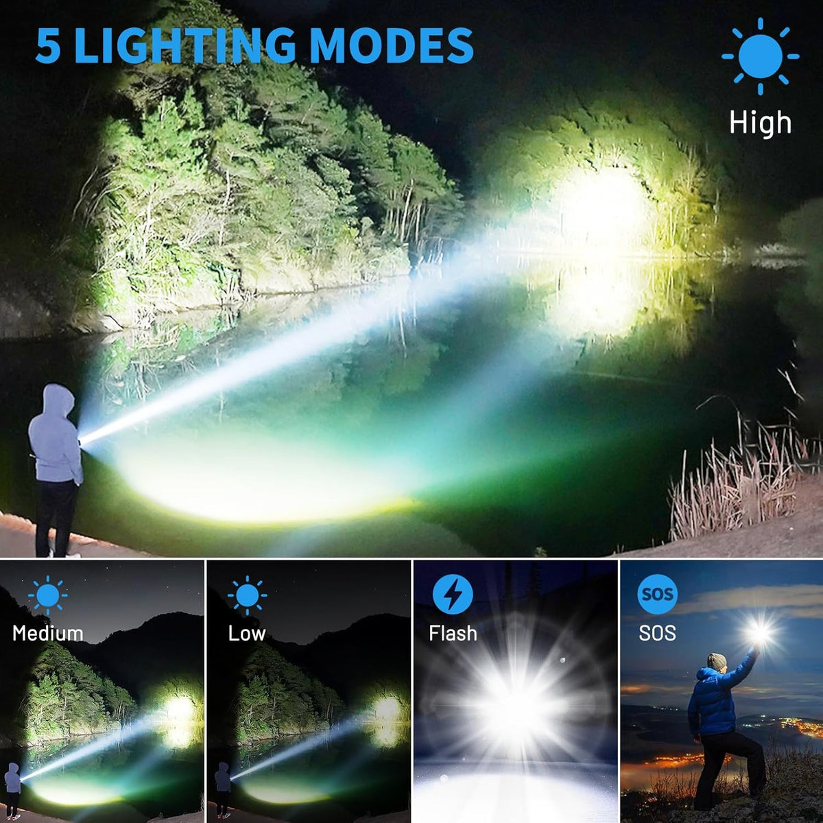 Flashlights High Lumens,990000 Lumens Rechargeable Flashlight,Super Bright Flashlights with 5 Modes,Waterproof Powerful Flash Light Suitable for Camping,Exploration,Hiking - PuriLite