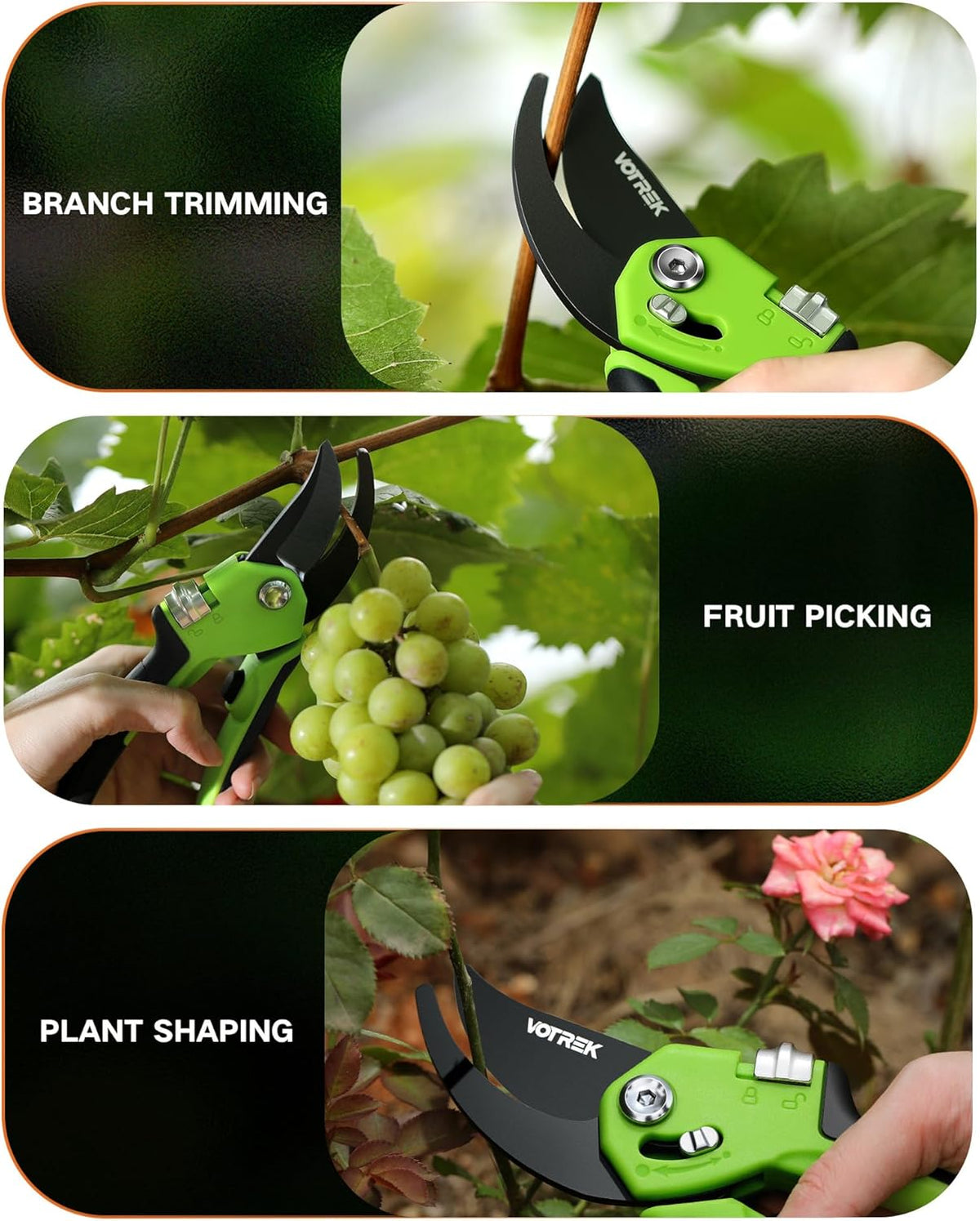 VOTREK Pruning Shears - 8.5" Heavy Duty Bypass Pruners for Gardening with Built-in Spring & SK5 Steel Blades - Ergonomic Adjustable Handle for All Hand Sizes, Garden Clipper Plant Scissors for Branch - PuriLite