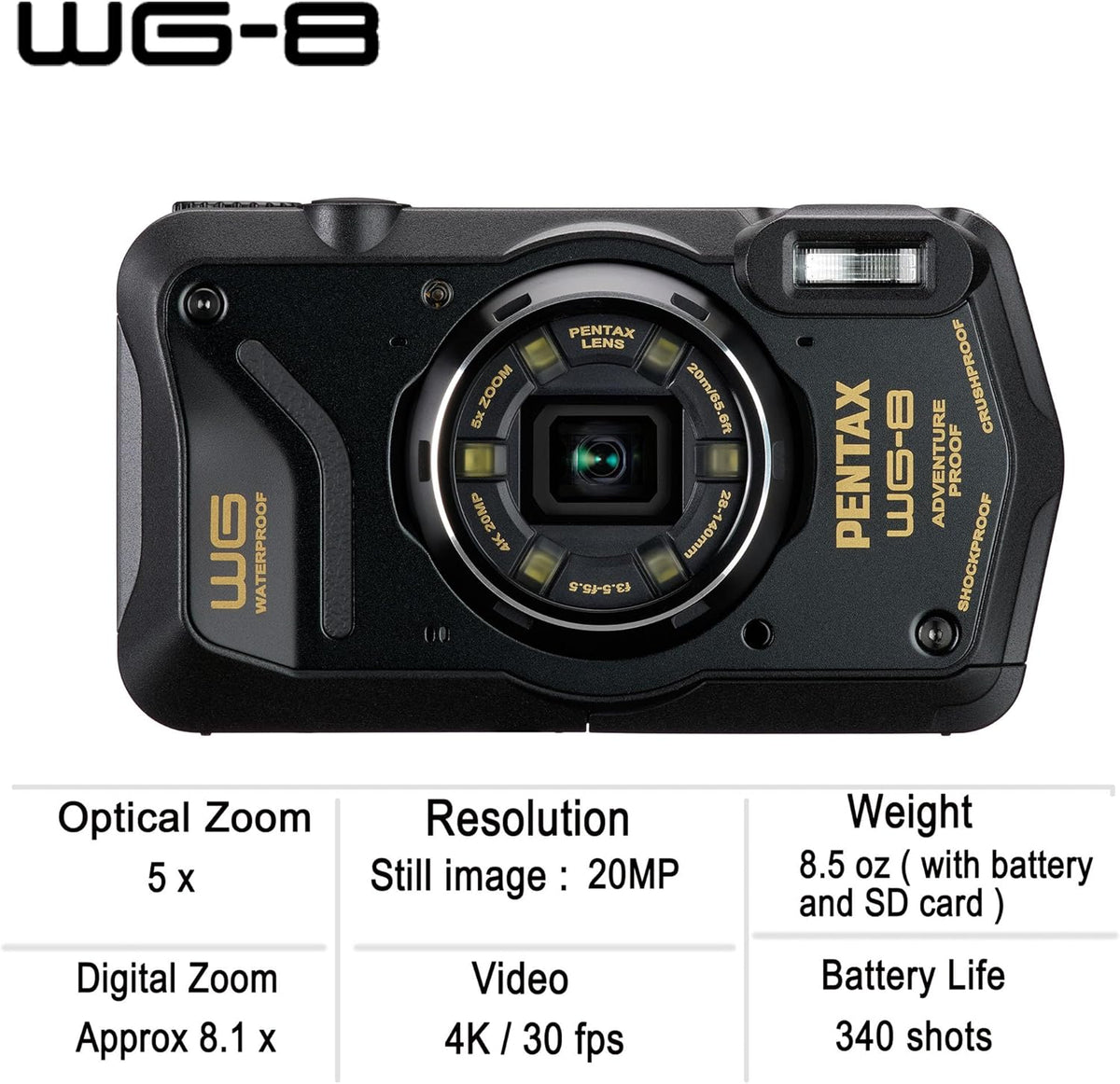 PENTAX WG-8 Black All-Weather Adventure Camera, Featuring Outstanding Waterproof, dustproof, Shock-Resistant Performance, Multi-Application Ring Light for Macro Photography and Webcam Function - PuriLite