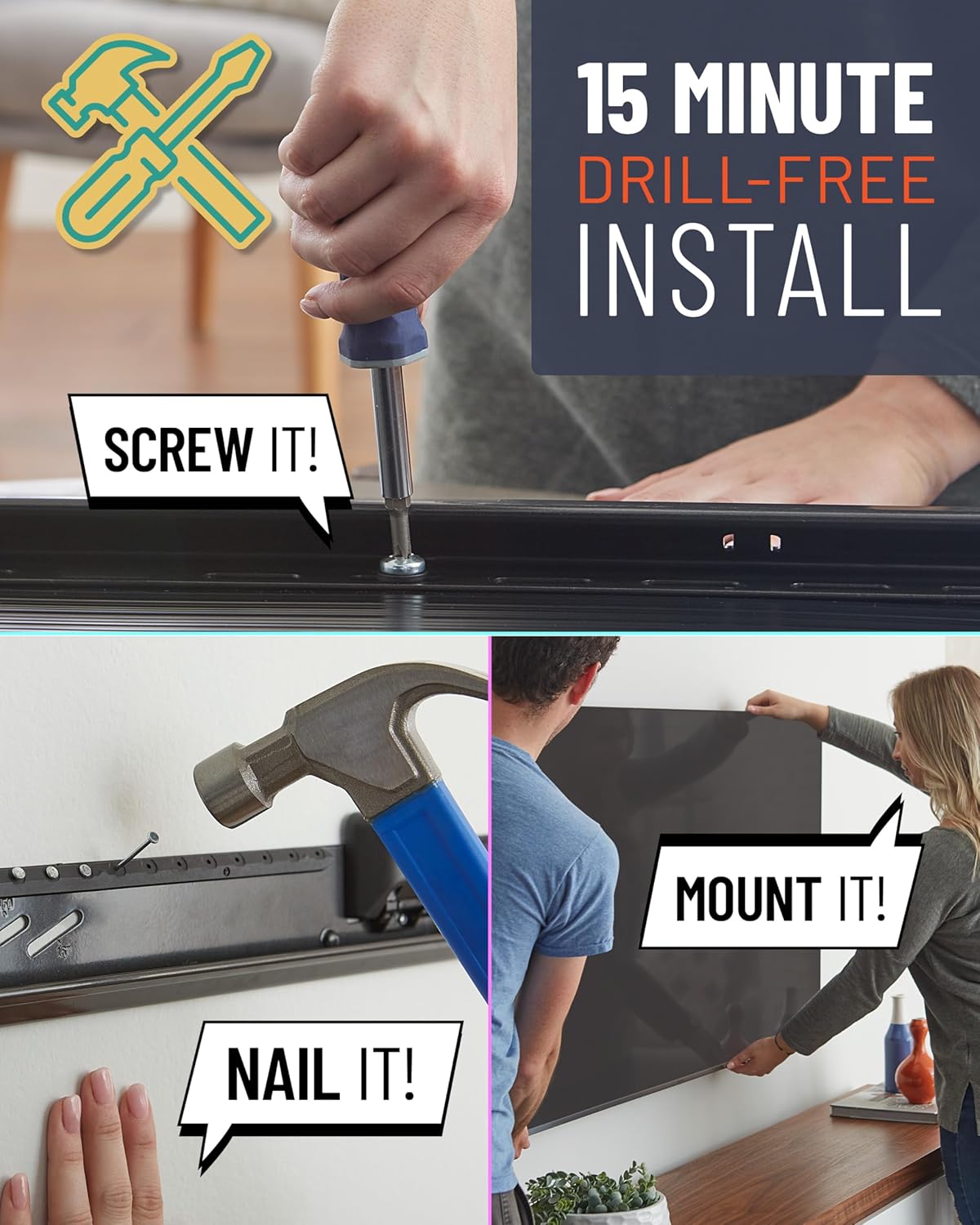 ECHOGEAR No Stud TV Mount for Drywall - Slim No Drill Design Holds TVs Up to 100lbs with Nails - Easy Studless Install with No Drill Needed - PuriLite
