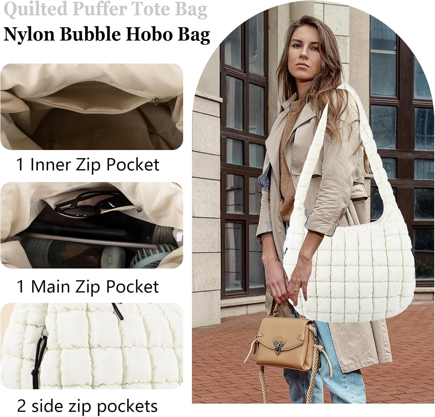 Quilted Puffer Tote Bag Large Crossbody Shoulder Bag with Zipper, Nylon Hobo Oversized Handbag - PuriLite