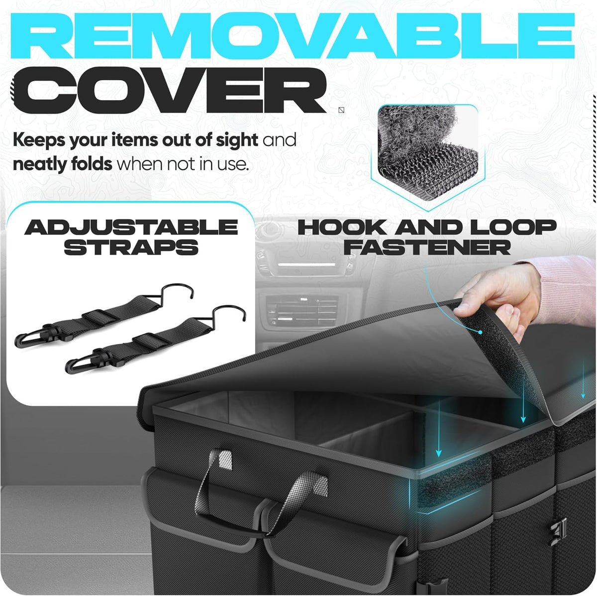 FORTEM Car Trunk Organizer, Collapsible Multi Compartment Car Organizer, Foldable SUV Storage for Car Accessories for Women Men, Non Slip Bottom, Securing Straps, Soft Cover 50L (Black, Standard) - PuriLite