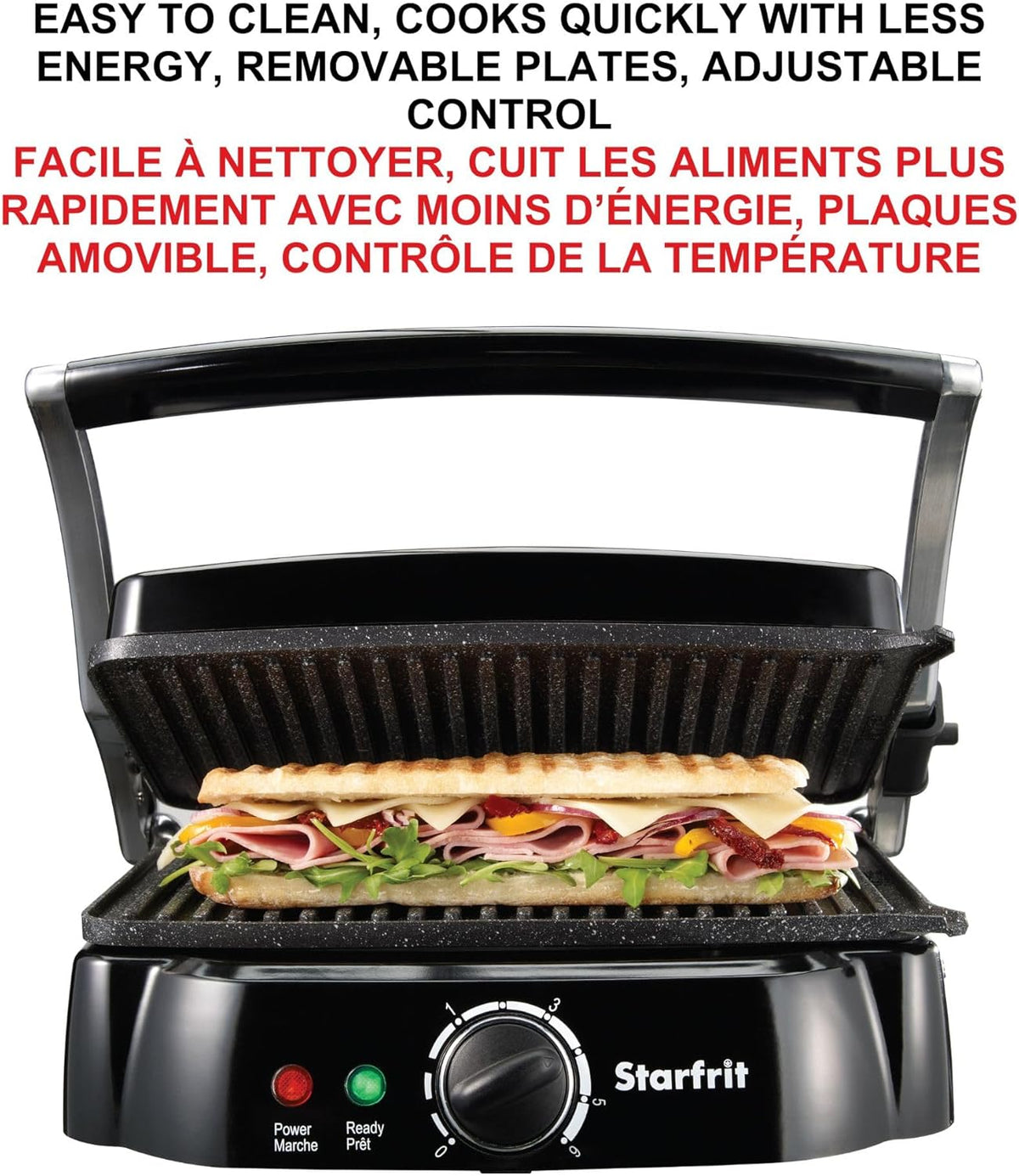 Starfrit The Rock Panini Press - Rock.Tec Non-Stick Reversible Plate - Opens 180 Degrees - Adjustable Temperate Control - PuriLite