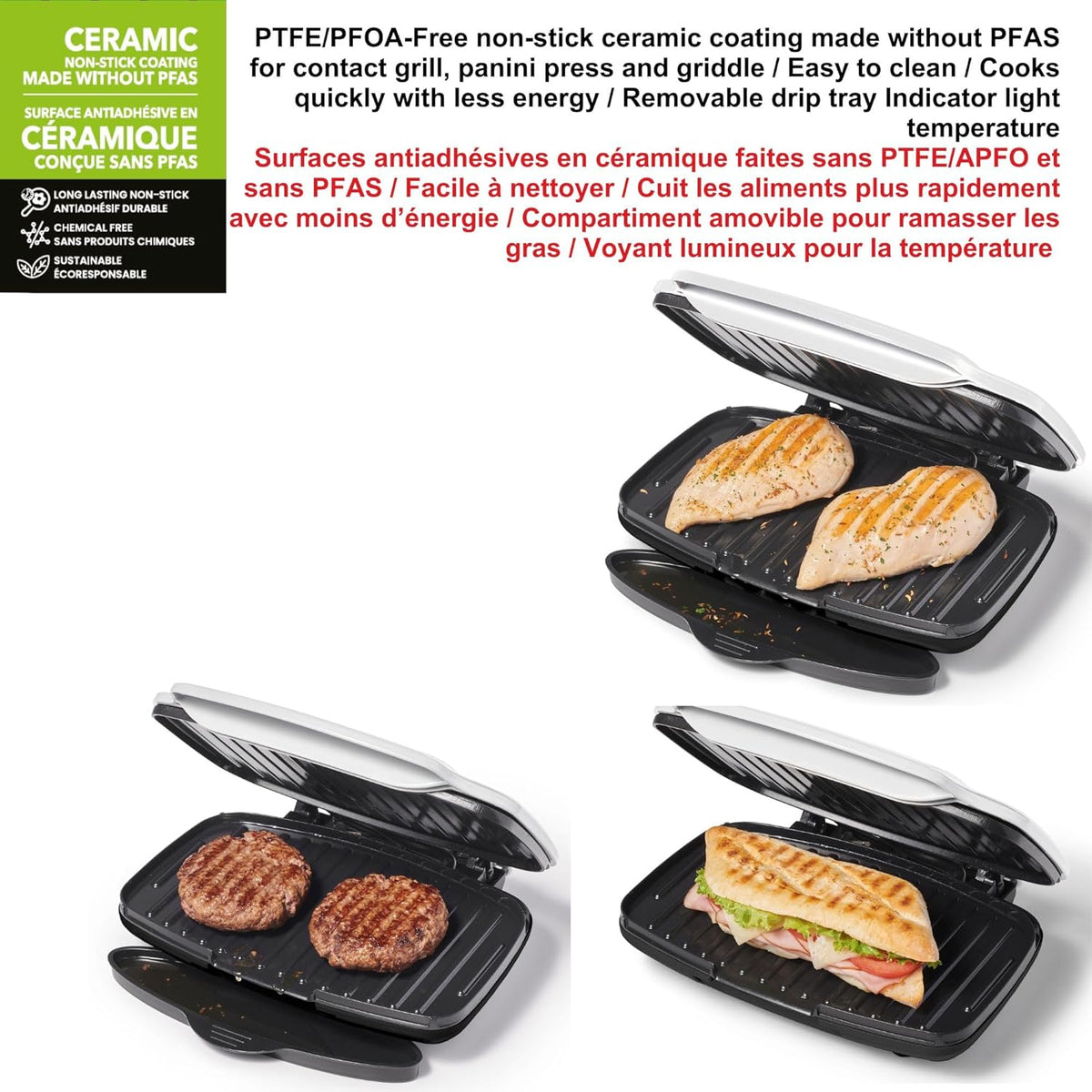 Starfrit Grill And Panini Press With Ceramic Coating - Non-Stick Coating - Removable Fat And Oil Collection - White - PuriLite