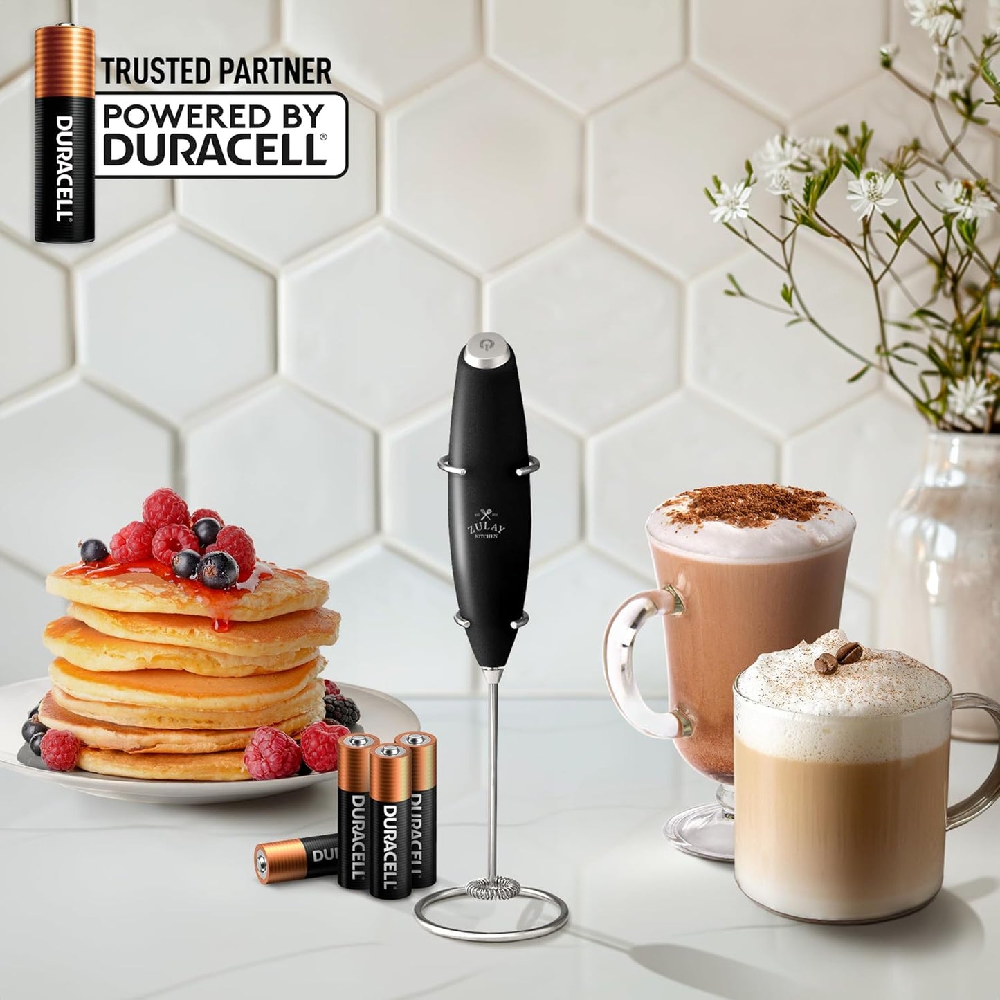 Zulay Kitchen Powerful Double Whisk Milk Frother Handheld - Foam Maker with Stand - Whisk Drink Mixer for Coffee, Mini Foamer for Latte, Matcha, Frappe, Hot Chocolate & Cappuccino (Black) - PuriLite