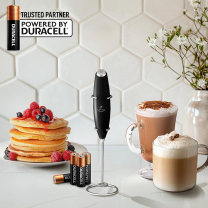 Zulay Kitchen Powerful Double Whisk Milk Frother Handheld - Foam Maker with Stand - Whisk Drink Mixer for Coffee, Mini Foamer for Latte, Matcha, Frappe, Hot Chocolate & Cappuccino (Black) - PuriLite