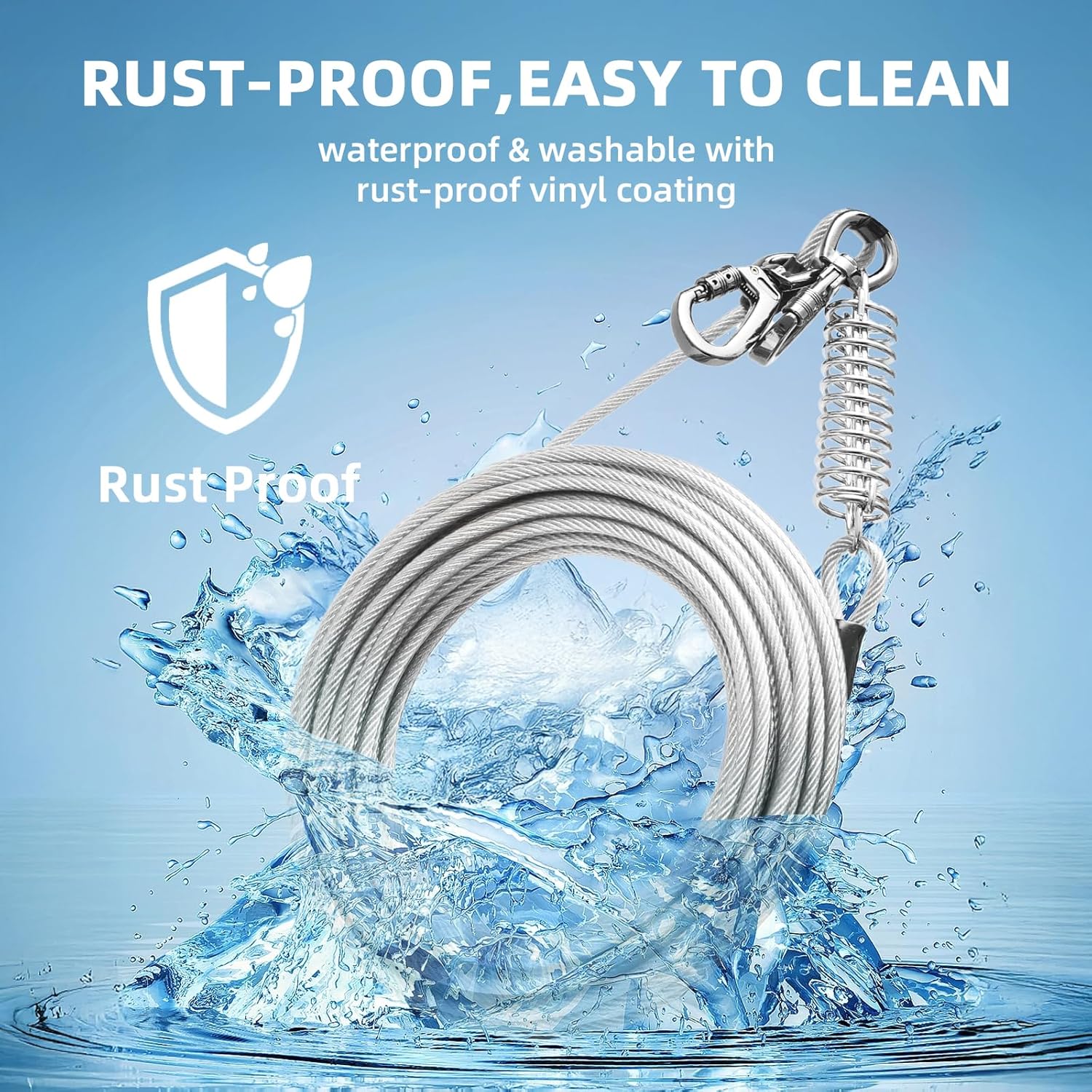 VST Dog Tie Out Cable 50FT-600LBS Break Strength,Heavy Duty Dog Leads for Yard with Shock Absorbing Spring & Lockable Hook,Outside Long Leash Cable,Chew Proof Dog Line for Small Medium Large Dogs - PuriLite