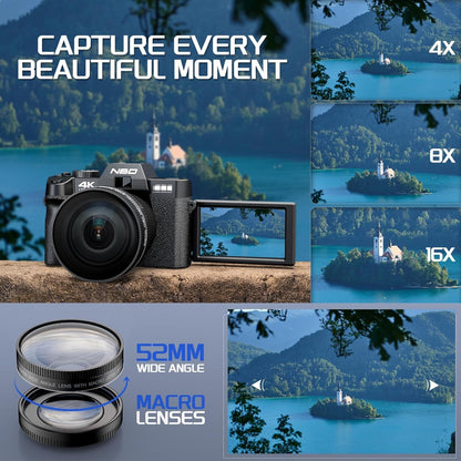 NBD 4K Digital Camera for Photography 48MP Video Vlogging Camera for YouTube with 3" 180° Flip Screen WiFi, 16X Digital Zoom Cameras with 32GB Micro Card, Wide-Angle & Macro Lens (Black) - PuriLite