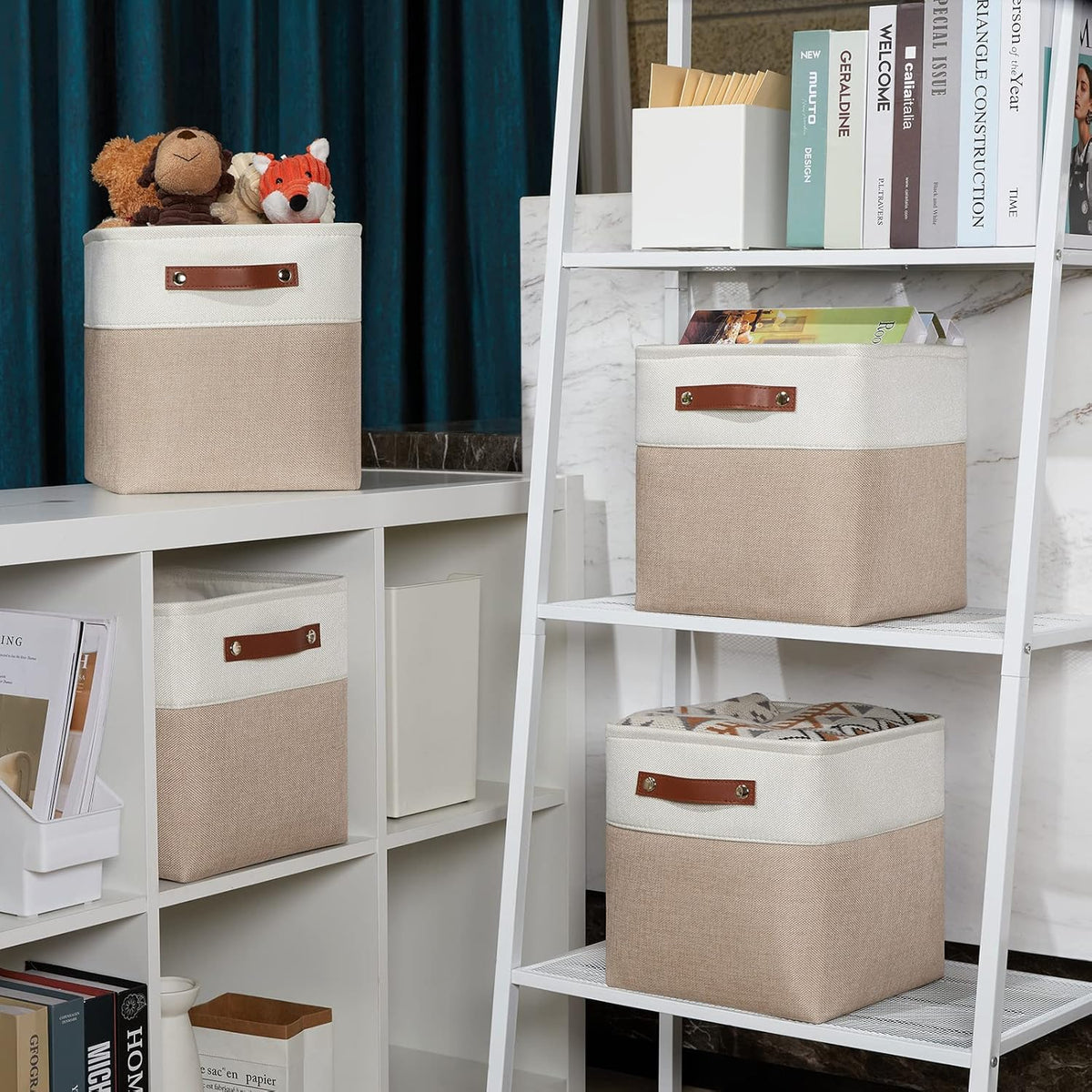 DULLEMELO Storage Baskets for Shelves, Fabric Collapsible Rectangular Storage Bins for Shelves, Closets, Nursery, Home, Office, Empty Gift Baskets (White&Teal) - PuriLite