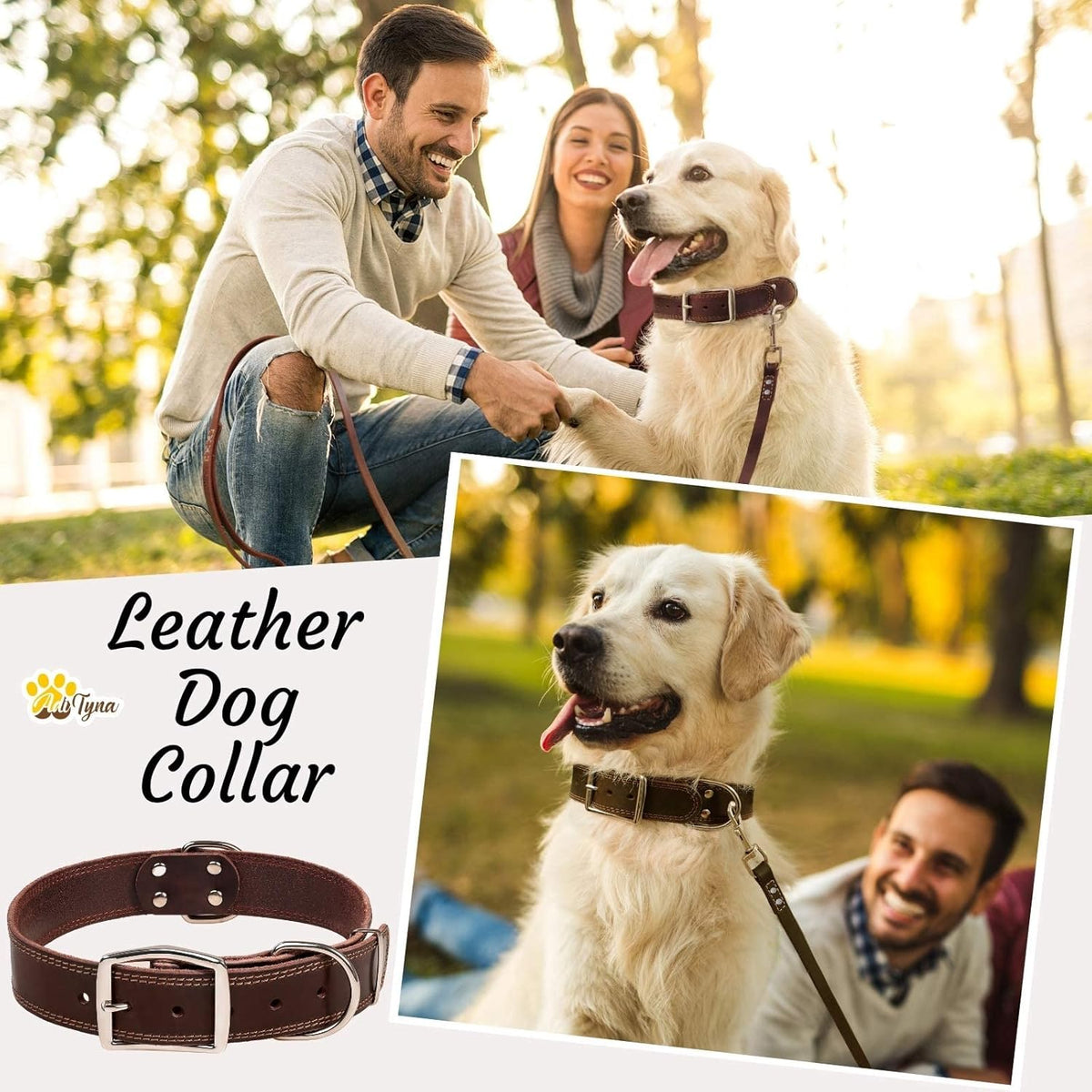 ADITYNA Heavy-Duty Leather Dog Collar for Medium Dogs - Soft and Strong, 100% Genuine Leather - Collier Pour Chien (Medium: Fit 13" - 20" Neck, Brown) - PuriLite