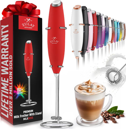 Zulay Kitchen Powerful Double Whisk Milk Frother Handheld - Foam Maker with Stand - Whisk Drink Mixer for Coffee, Mini Foamer for Latte, Matcha, Frappe, Hot Chocolate & Cappuccino (Black) - PuriLite