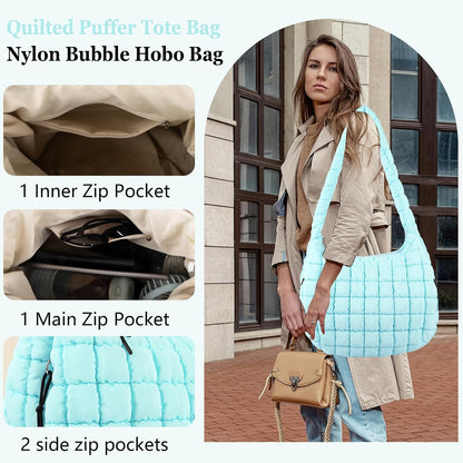 Quilted Puffer Tote Bag Large Crossbody Shoulder Bag with Zipper, Nylon Hobo Oversized Handbag - PuriLite