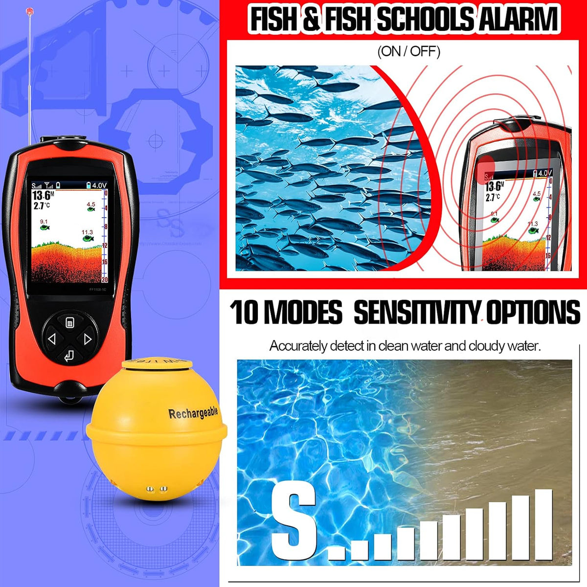 Atibin Portable Sonar Fish Finder Water Sensor Transducer Depth Finder Kayak Wireless Handheld Fish Finders Canoe Fishing - PuriLite