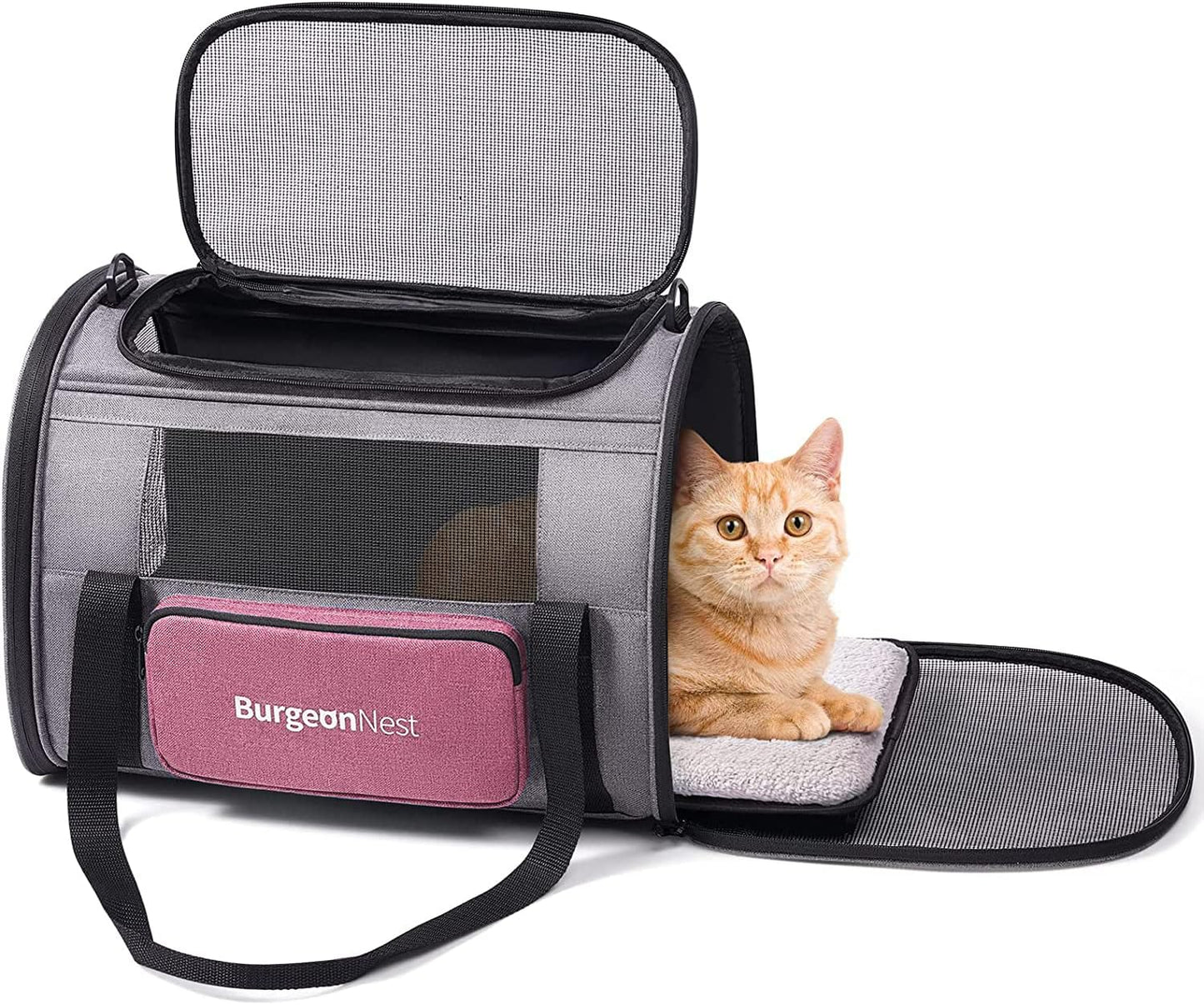 BurgeonNest Cat Carriers for Medium Cats Under 25 lbs, Pet Carrier for Cats with Unique Side Bag,Top Load Small Pet Carrier Soft-Sided Escape Proof with 4 Ventilated Windows - PuriLite