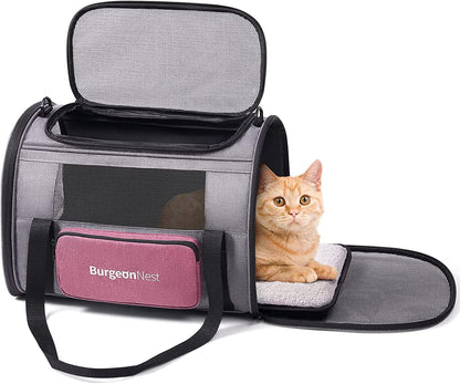 BurgeonNest Cat Carriers for Medium Cats Under 25 lbs, Pet Carrier for Cats with Unique Side Bag,Top Load Small Pet Carrier Soft-Sided Escape Proof with 4 Ventilated Windows - PuriLite