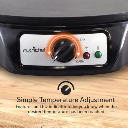 NutriChef Electric Crepe Maker, Cooks Roti, Tortillas, Pancakes, Nonstick Cooktop, 8-inch Cook Area On/Off Switch, Automatic Temperature Control & Cool Touch Handle, Includes Food Bowl, Whisk, Spatula - PuriLite