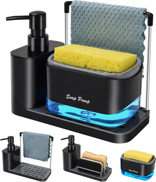 Hand and Dish Soap Dispenser Set with Tray – Dual Pump Soap Dispenser, Sponge & Dishcloth Holder, 5-in-1 Kitchen Sink Organizer, BPA-Free, Countertop Storage, Black - PuriLite