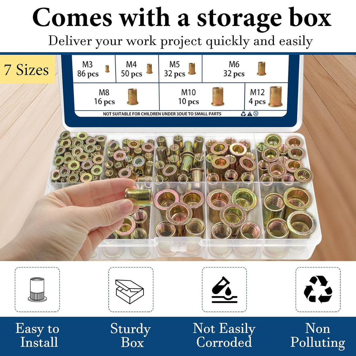 Vifmy Metric & SAE Rivet Nut Assortment Kit(420 Pcs),m3 m4 m5 m6 m8 m10 m12#6-32#8-32#10-24 1/4"-20 5/16"-18 3/8"-16 UNC Flat Head Rivnut Set,Zinc Plated Finish Carbon Steel Nutsert - PuriLite