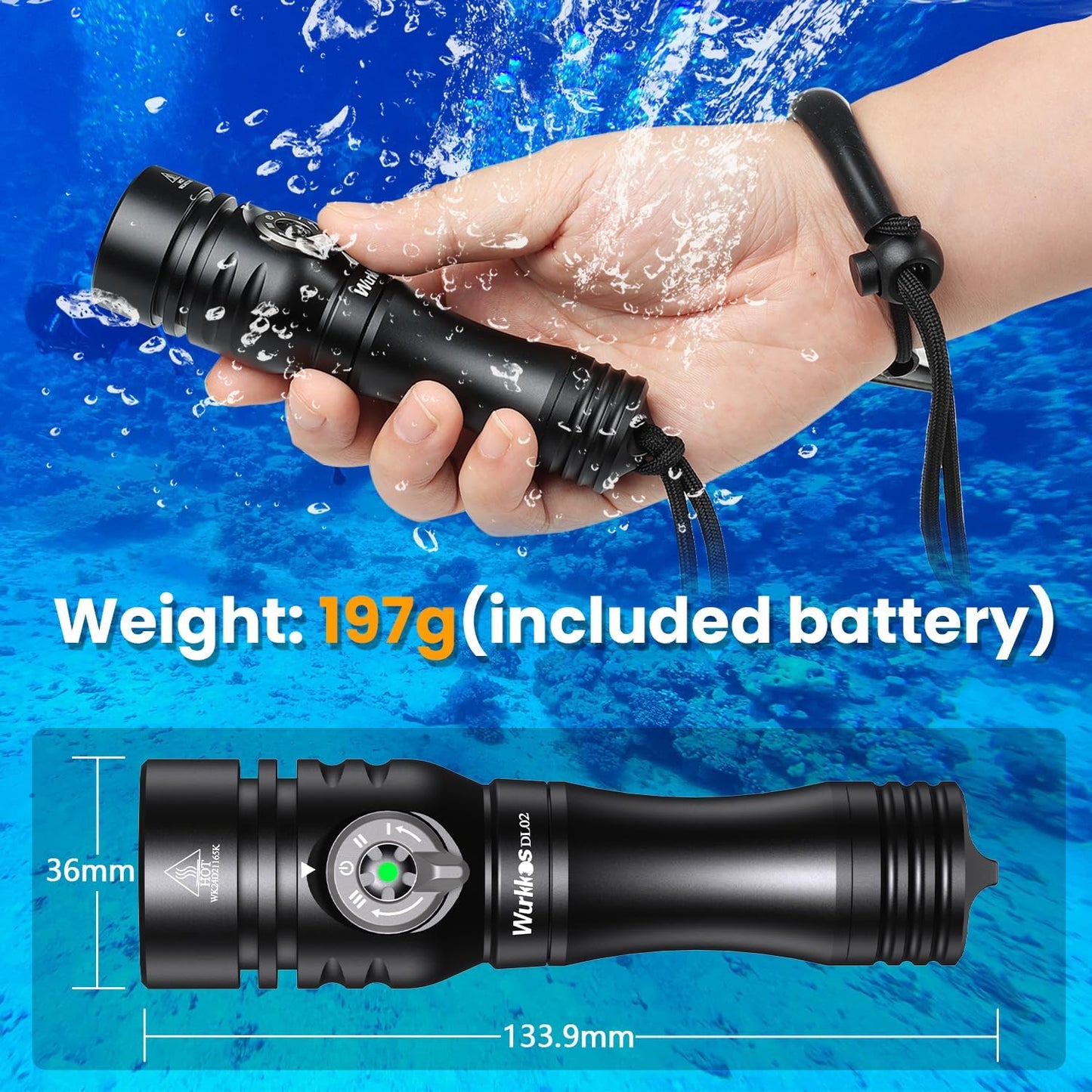 Wurkkos DL02 Scuba Diving Flashlight, Max 3000Lumen, 496M Long Range, 100M Underwater, Power Indicator, 3 Lighting Modes, Submarine Light for Deep Sea Cave - PuriLite