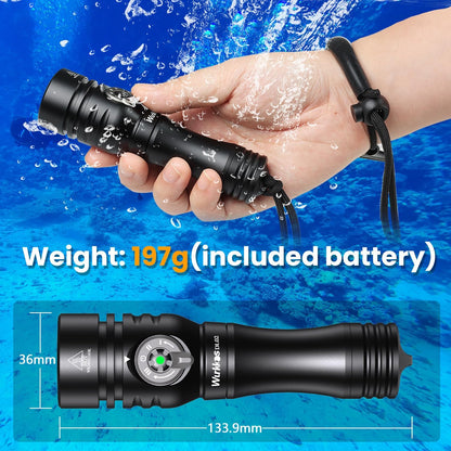 Wurkkos DL02 Scuba Diving Flashlight, Max 3000Lumen, 496M Long Range, 100M Underwater, Power Indicator, 3 Lighting Modes, Submarine Light for Deep Sea Cave - PuriLite
