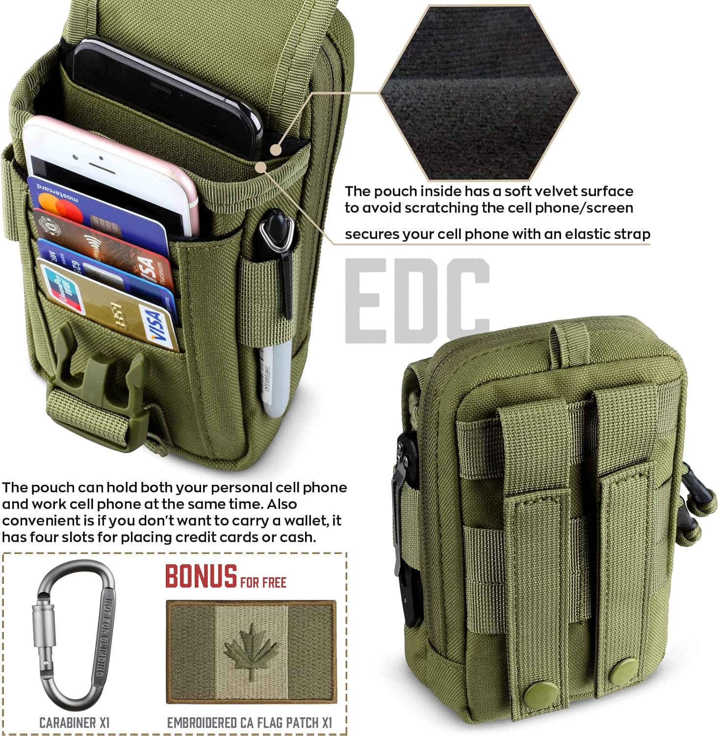 WYNEX Tactical Compass Phone Pouch, Large Molle Smartphone Holster Case Double Capacity Small Utility EDC Pouch with Compass Buckle and Carabiner - PuriLite