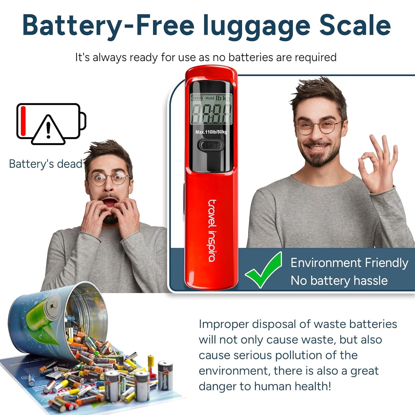 travel inspira Luggage Scale Battery-Free, Portable Handheld Digital Suitcase Scale for Travelling, 110lbs/50kg - PuriLite