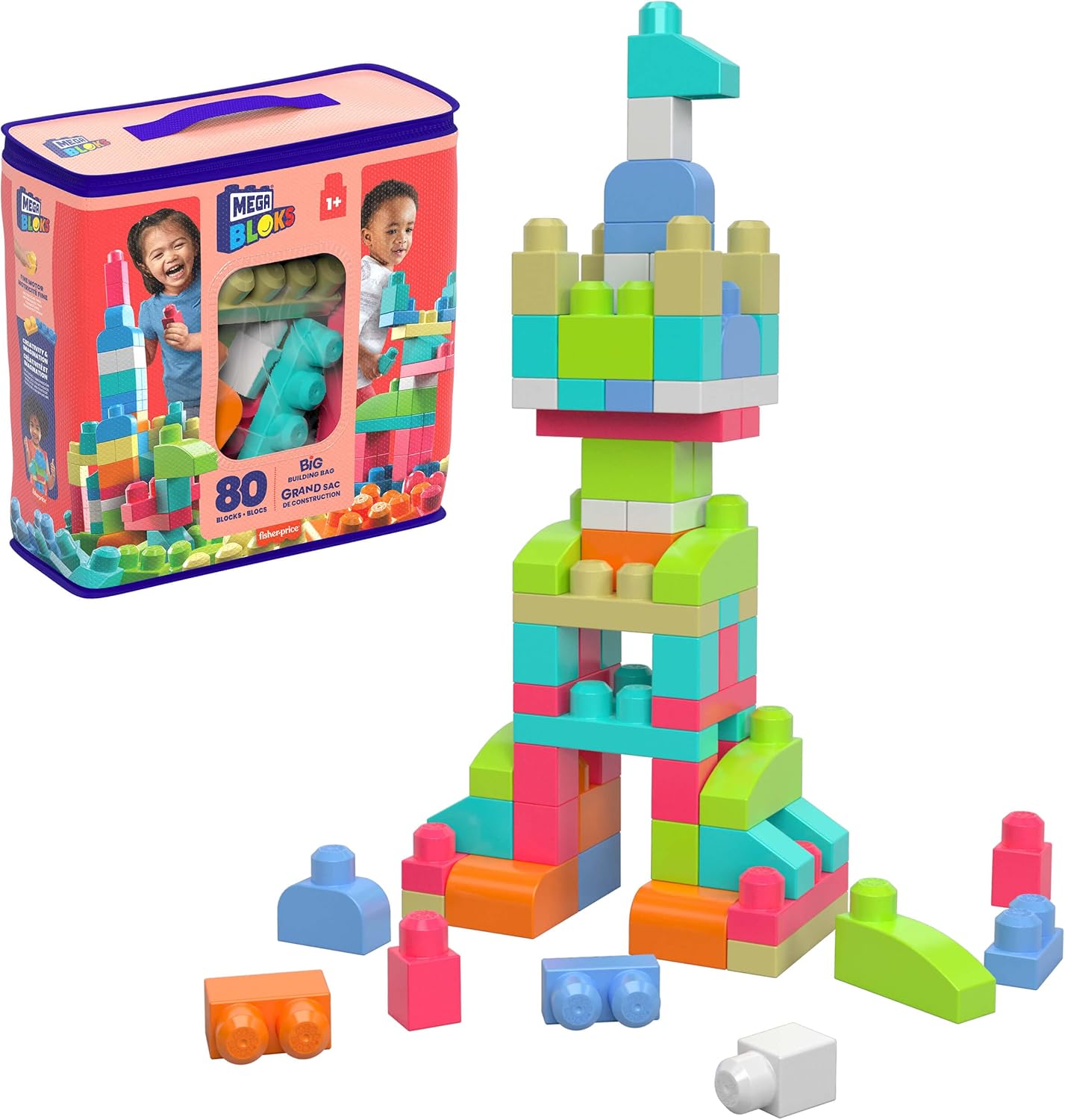 MEGA BLOKS First Builders Toddler Blocks Toys Set, Big Building Bag with 80 Pieces and Storage, Blue, Ages 1+ Years - PuriLite