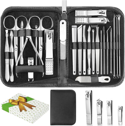 Nail Clippers Set, 26 Piece Manicure Set & Pedicure Kit, Stainless Steel Fingernail & Toenail Clipper Cutters, Professional Nail Care Tools with Luxurious Travel Case for Men and Women, Black - PuriLite