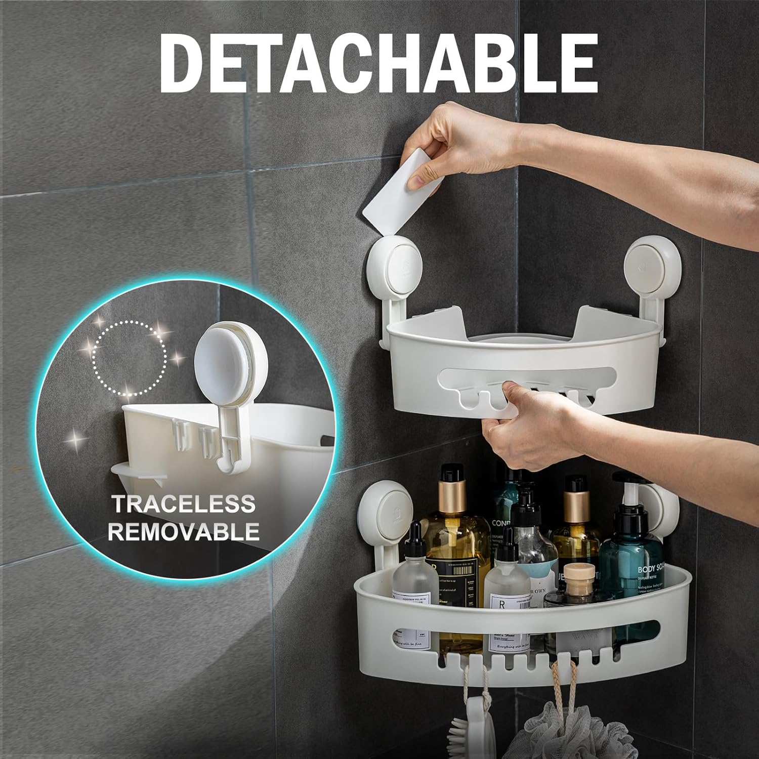 LEVERLOC Shower Caddy Suction Cup, 2 Pack Black Shower Shelf with Hooks and Soap Holder, NO-Drilling Bathroom Organizer, Rustproof Metal Bathroom Storage and Organization - PuriLite