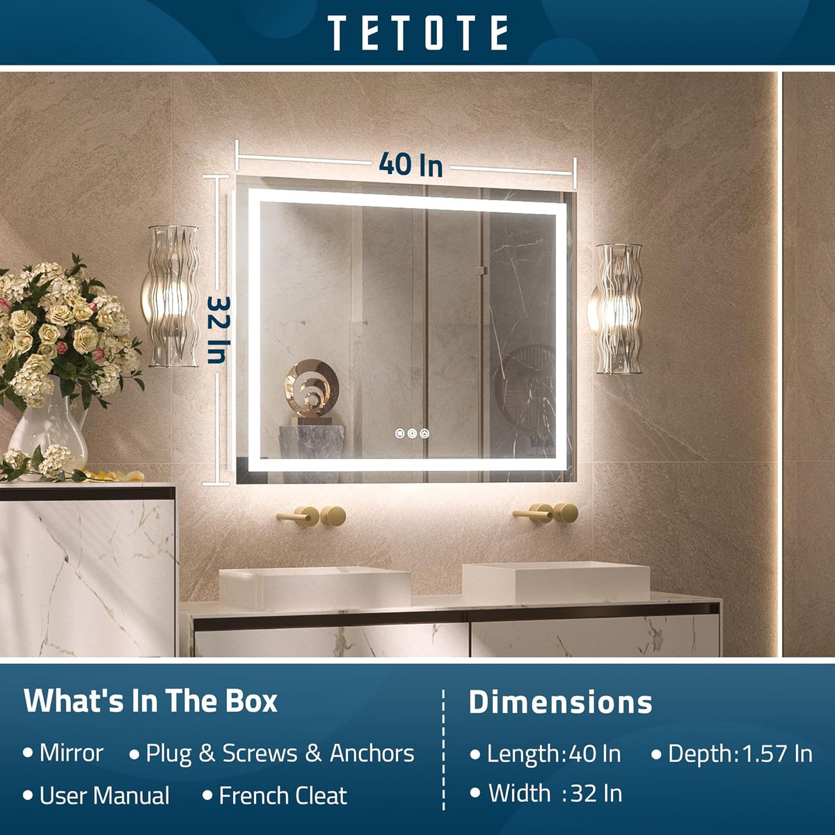 TETOTE LED Bathroom Mirror 20x28 Frontlit & Backlit Lighted Vanity Mirror Anti Fog Stepless Dimmable 3 Colors White/Warm/Natural,Double Lights,Wall-Mounted(Horizontal/Vertical) - PuriLite