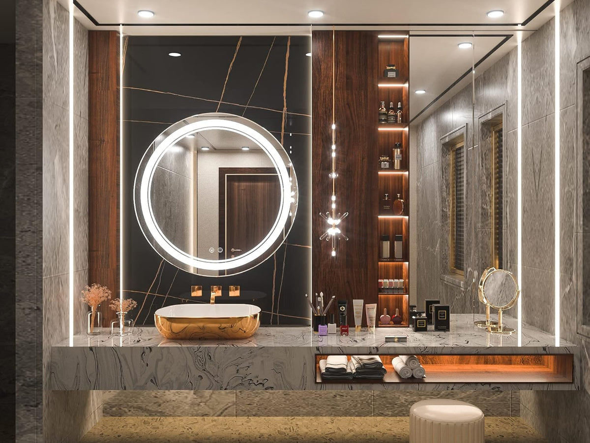 TETOTE 28 Inch Round LED Bathroom Vanity Mirror, Anti-Fog Dimmable Lights IP54 Waterproof Circle Makeup Wall Mounted Mirror - PuriLite