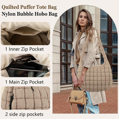 Quilted Puffer Tote Bag Large Crossbody Shoulder Bag with Zipper, Nylon Hobo Oversized Handbag - PuriLite